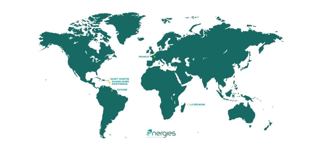 Carte de présence E-NERGIES : France métropolitaine, Guadeloupe, Martinique, Guyane, La Réunion, Saint-Martin